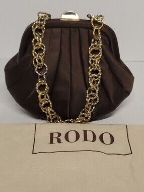 RODO Brown Satin Pleated Evening Bag with Gold Chain